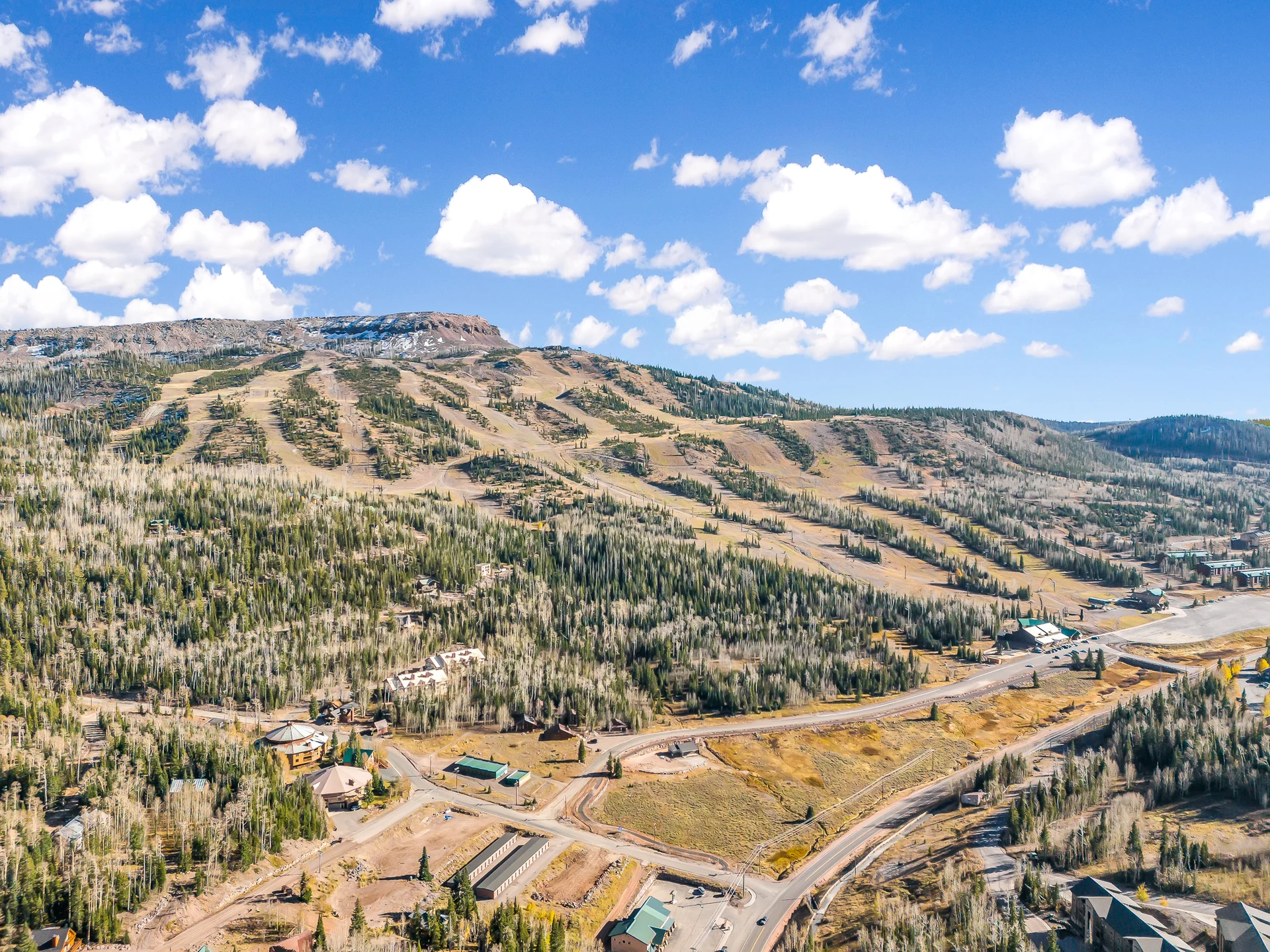 Mountain slopes, ski runs and lifts, trees and the town road in a clear aerial.