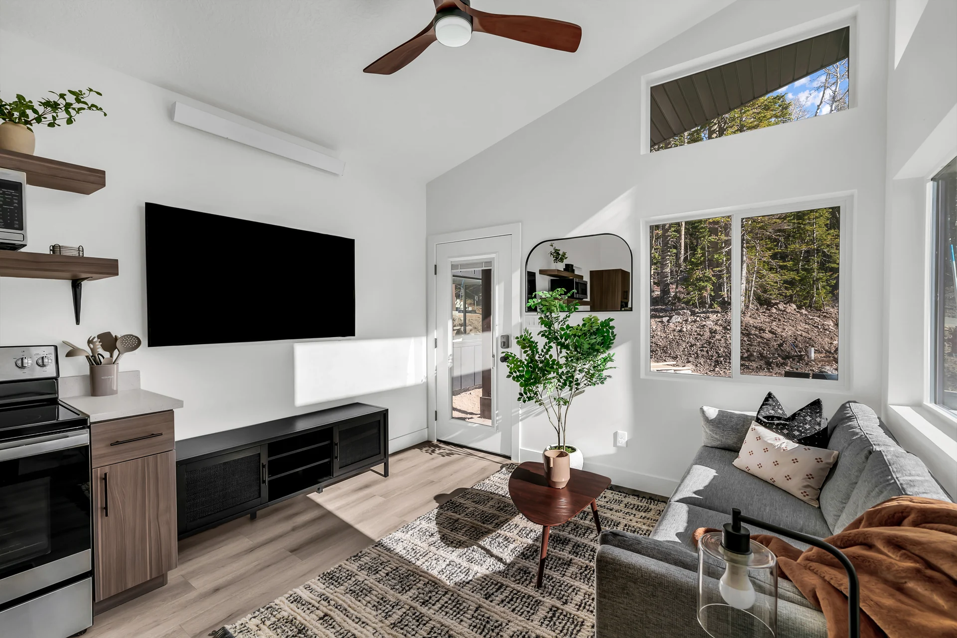 White-walled living area with a large black wall-mounted TV, sofa, tall windows, glazed entry door and kitchen at the left edge.