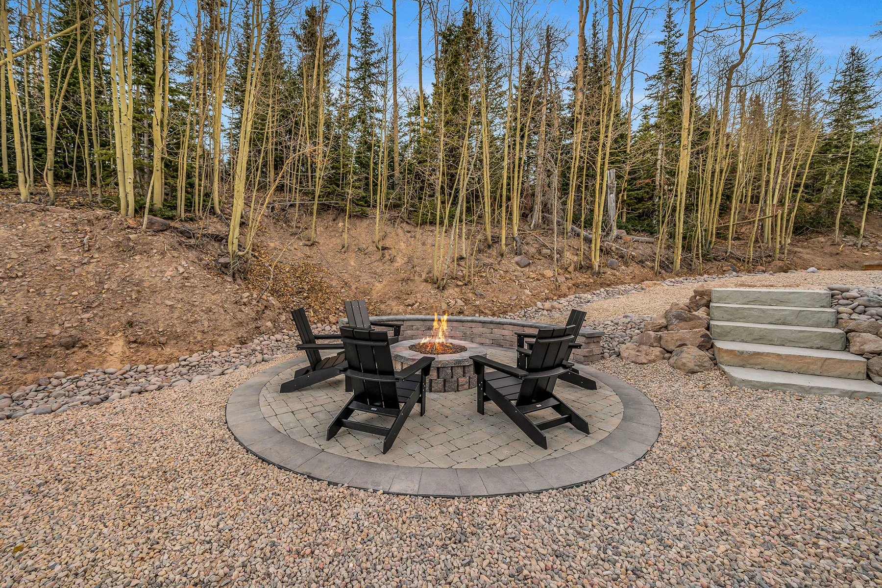 Outdoor gas fire pit and seating at Unplug