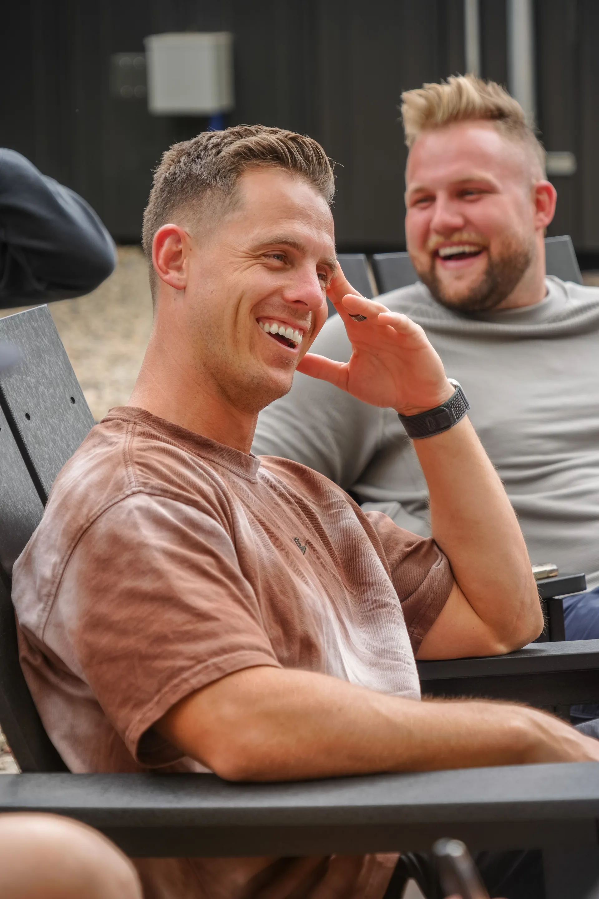 A candid moment in the outdoor seating area at Unplug