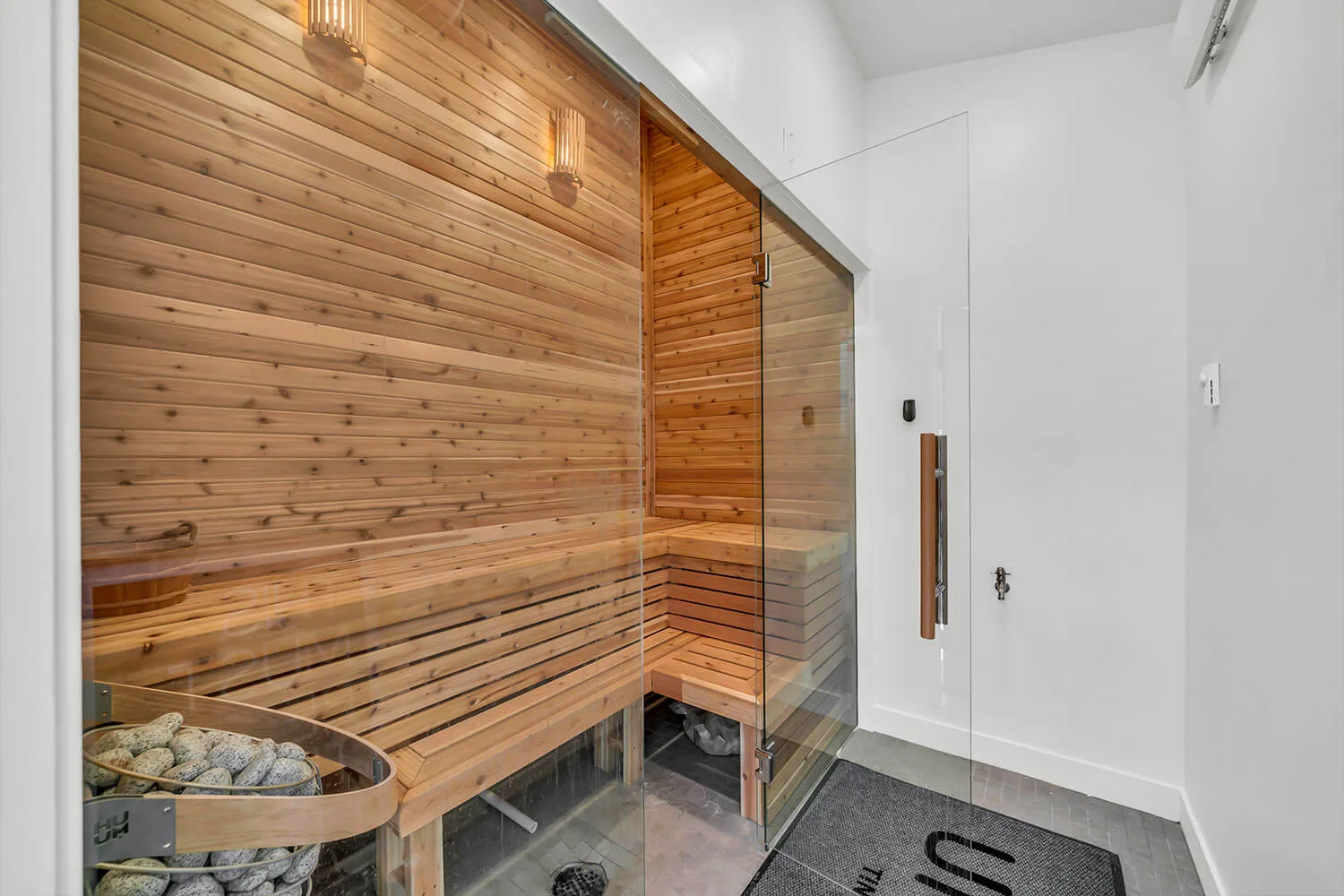 Wood benches inside the shared resort sauna